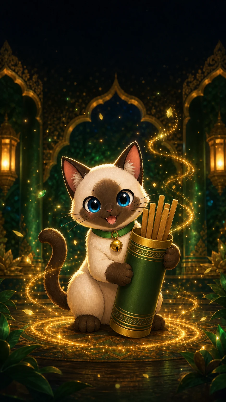 ปลาไข่กำลังถือกระบอกเซียมซีท่ามกลางแสงสีทอง