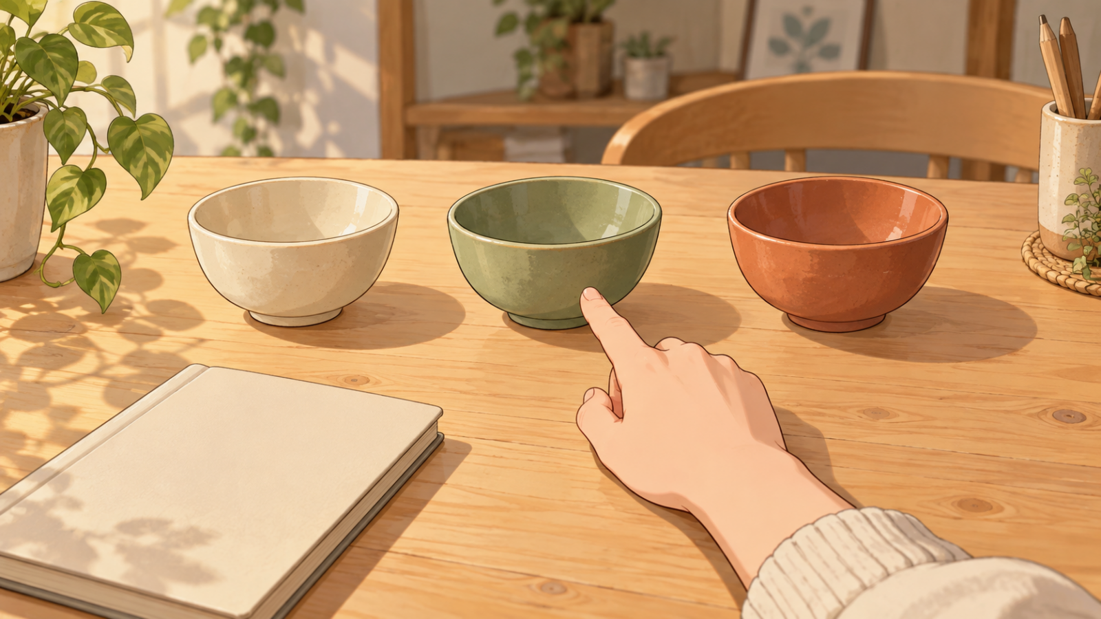 มือชี้เลือกชามสีเขียวจากชามสามใบข้างสมุดเปล่าบนโต๊ะ ภาพสมมติประกอบการตัดสินใจเลือก