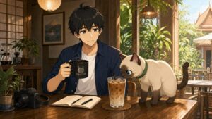 Kentar ถือกาแฟดำและ Plakai สนใจกาแฟเย็นในคาเฟ่ที่เชื่อมญี่ปุ่นกับไทย