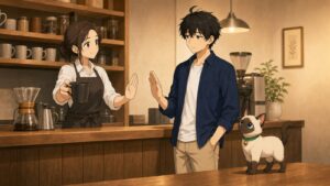 คาเฟ่ญี่ปุ่นที่เคนตาร์และปลาไก่กำลังใช้คำว่า daijoubu desu อย่างสุภาพ