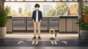 Kentar และ Plakai ยืนรอตามเส้นบนชานชาลารถไฟอย่างสุภาพ