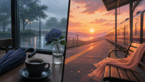 ภาพเปรียบเทียบความเศร้าในวันฝนตกกับความเจ็บปนโหยหาที่ชานชาลารถไฟ