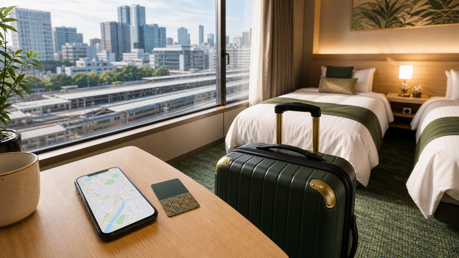 ห้องพักโรงแรมญี่ปุ่นใกล้สถานี พร้อมกระเป๋าเดินทาง