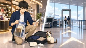 KENTAR จัดสินค้า ใบเสร็จ พาสปอร์ต และกระเป๋าเดินทางก่อนผ่านขั้นตอนศุลกากร โดยมี Plakai อยู่ข้างๆ