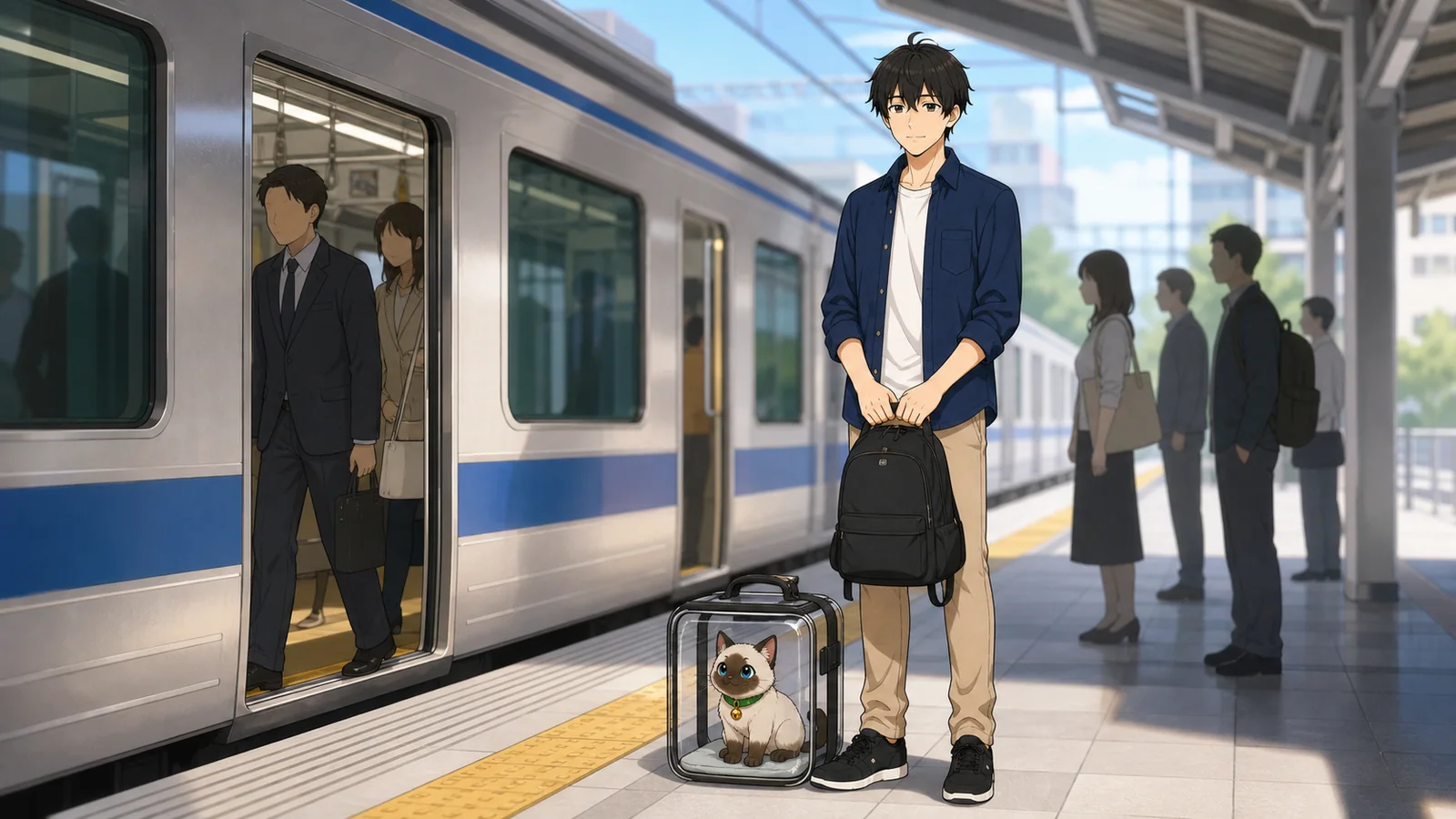 KENTAR รอให้ผู้โดยสารลงจากรถไฟญี่ปุ่น พร้อมถือกระเป๋าด้านหน้าและดูแล Plakai ในกระเป๋าเดินทางสัตว์เลี้ยง