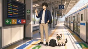 เคนตาร์และปลาไก่ยืนดูป้ายเปลี่ยนขบวนบนชานชาลารถไฟญี่ปุ่น