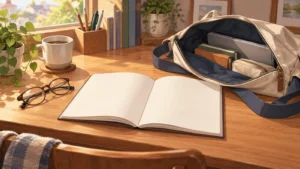 สมุดที่เปิดค้างไว้และกระเป๋าที่ยังไม่ได้รูดซิปบนโต๊ะ สำหรับบทเรียน 〜まま