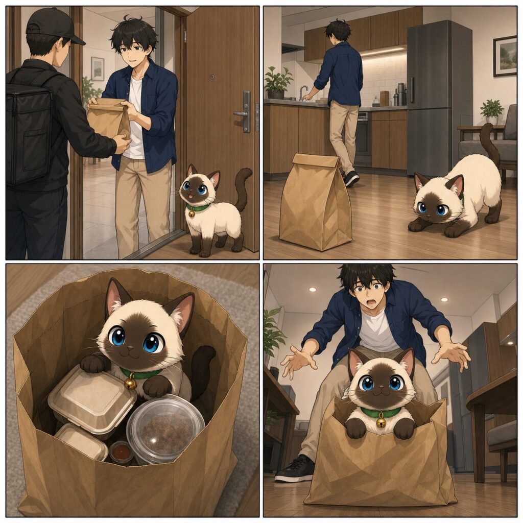 การ์ตูนสี่ช่อง ปลาไข่ แอบเข้าไปนั่งในถุงเดลิเวอรีและทำหน้าภูมิใจเมื่อ Kentar กลับมา