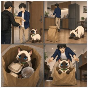 การ์ตูนสี่ช่อง ปลาไข่ แอบเข้าไปนั่งในถุงเดลิเวอรีและทำหน้าภูมิใจเมื่อ Kentar กลับมา