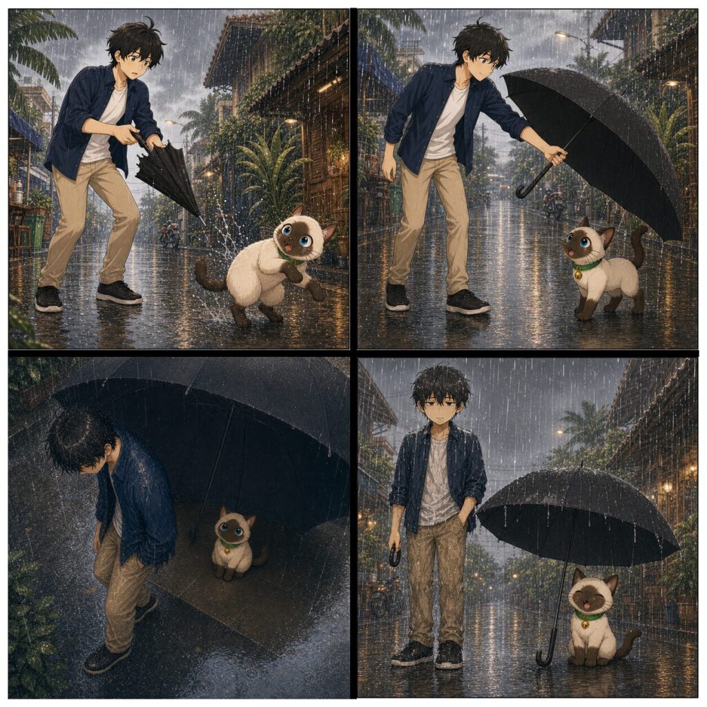 การ์ตูนสี่ช่อง Kentar กางร่มให้ ปลาไข่ กลางฝนจนตัวเองเปียกทั้งหมด ส่วน ปลาไข่ แห้งสบายอยู่กลางร่ม