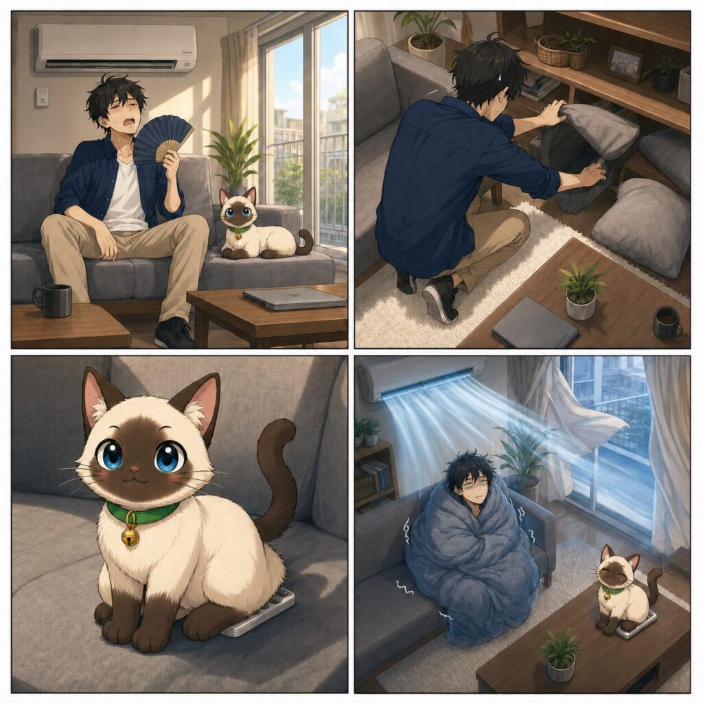 การ์ตูนสี่ช่อง Kentar หารีโมตแอร์ ก่อนพบว่า ปลาไข่ นั่งทับรีโมตและทำให้ห้องเย็นจน Kentar ต้องห่มผ้า
