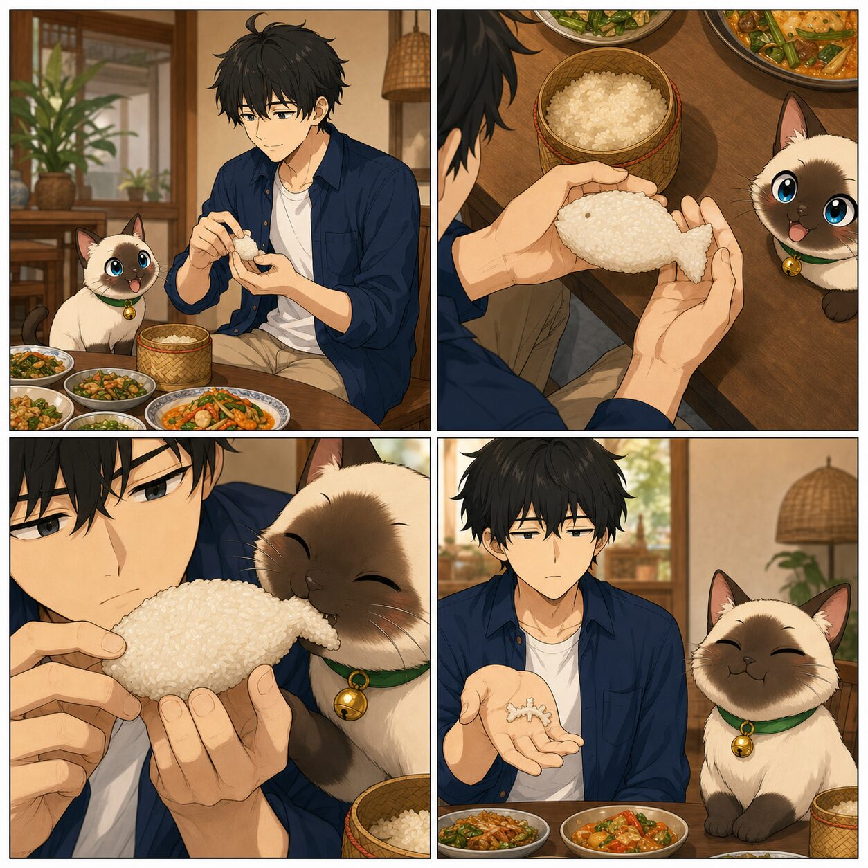 การ์ตูนสี่ช่อง Kentar ปั้นข้าวเหนียวรูปปลา ขณะที่ ปลาไข่ แอบกินทีละนิดจนเหลือชิ้นเล็กเหมือนก้างปลา