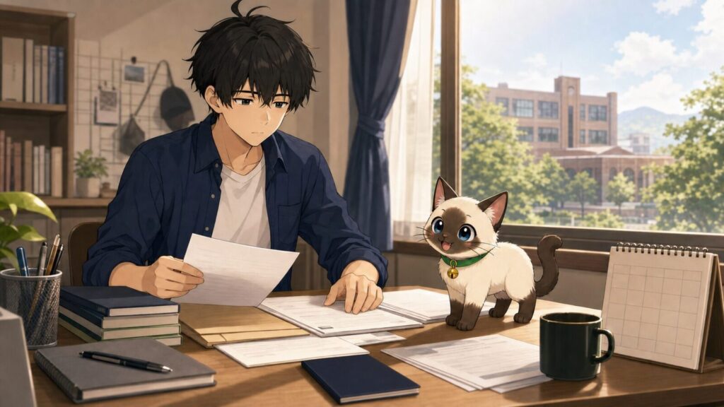 Kentar จัดเอกสารสมัครทุน MEXT โดยมีปลาไข่ช่วยอยู่บนโต๊ะอ่านหนังสือ