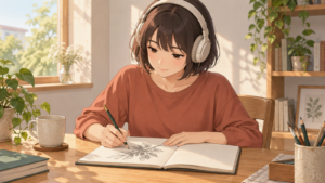 ผู้เรียนสวมหูฟังขณะวาดภาพต้นไม้ลงในสมุด สื่อถึงการทำสองอย่างไปพร้อมกัน