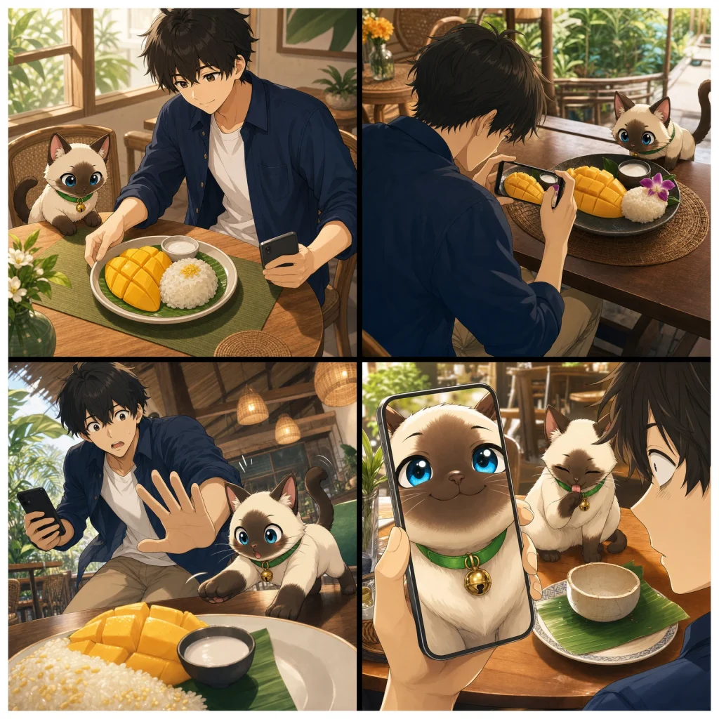 การ์ตูนสี่ช่อง Kentar ถ่ายรูปข้าวเหนียวมะม่วง ก่อนปลาไข่แอบกินจนหมดและโพสท่าถ่ายรูปแทนจานอาหาร