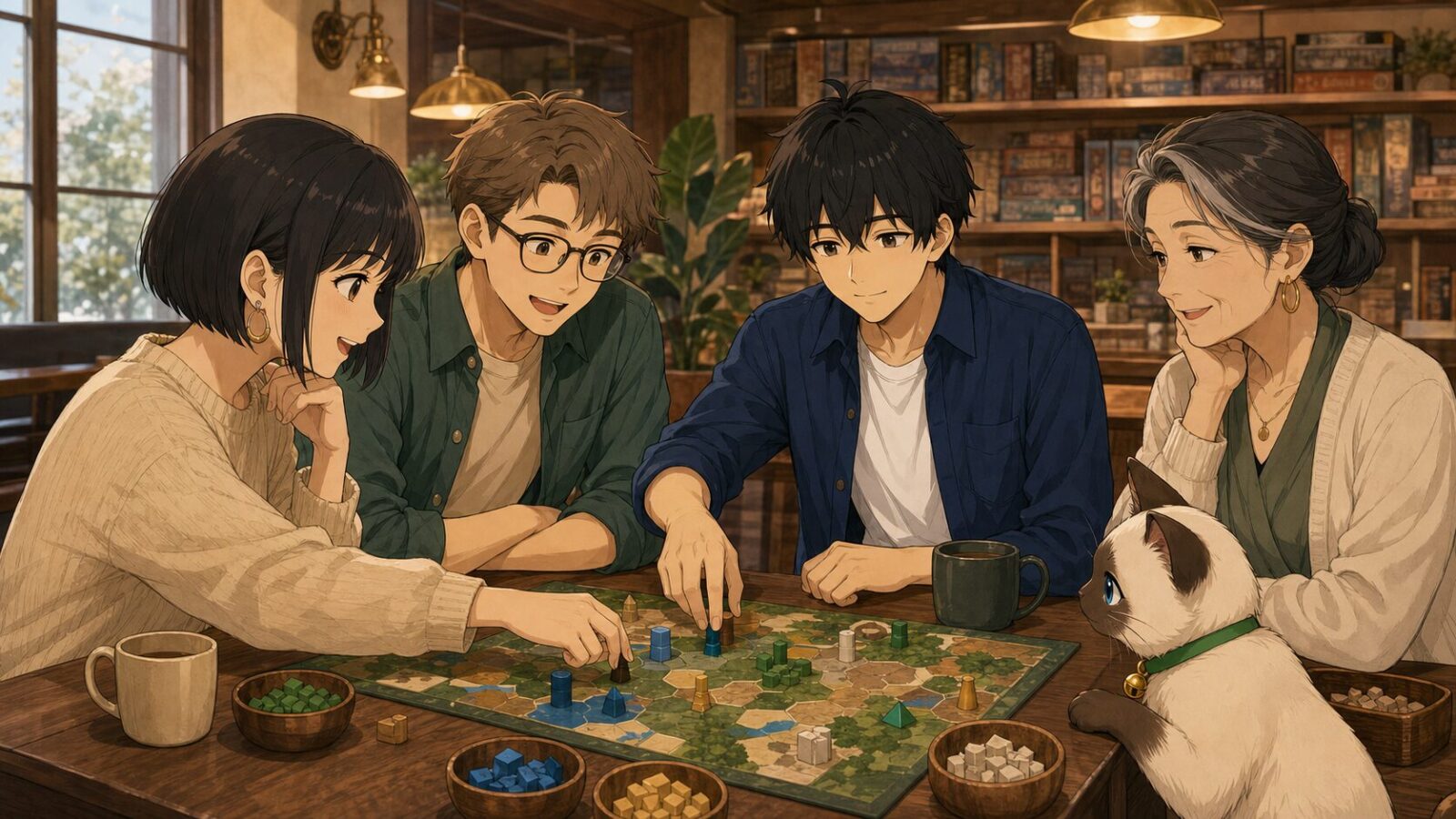 Kentar และ Plakai เล่นบอร์ดเกมกับเพื่อนหลายวัยในคาเฟ่บรรยากาศอบอุ่น