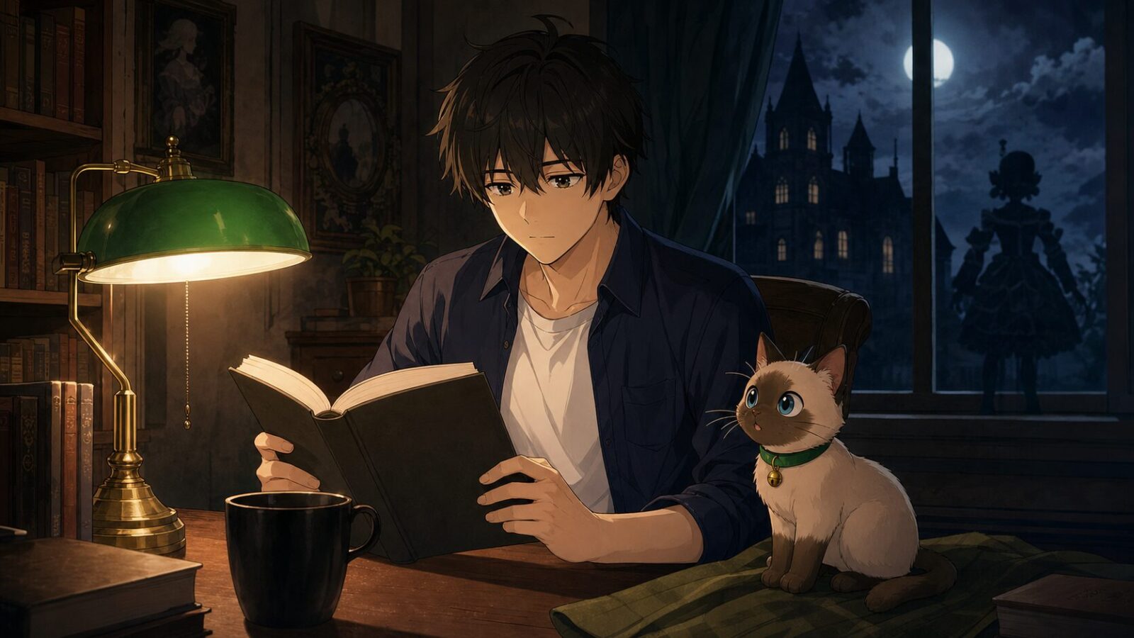 Kentar อ่านนิยายสืบสวนยามค่ำคืน ขณะที่ Plakai สังเกตเงาตุ๊กตาและคฤหาสน์ลึกลับ