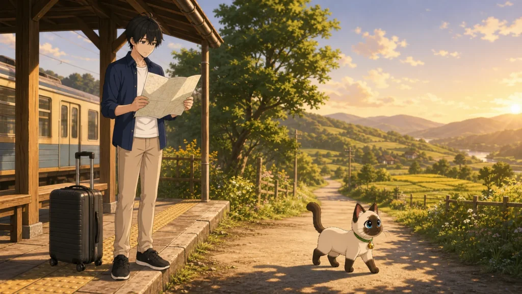 KENTAR ถือแผนเที่ยว ส่วน Plakai มองเส้นทางไกล เพื่อเปรียบเทียบ 旅行 กับ 旅
