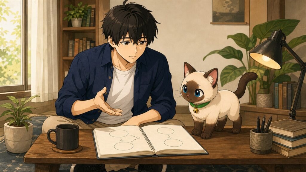 ภาพ KENTAR อธิบายตัวเลือกการสนทนาภาษาญี่ปุ่นให้ ปลาไข่ ที่โต๊ะเรียน