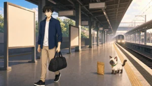 KENTAR ลงมือทันทีและรอรถไฟที่กำลังจะมา โดยมี Plakai มองทางเข้า