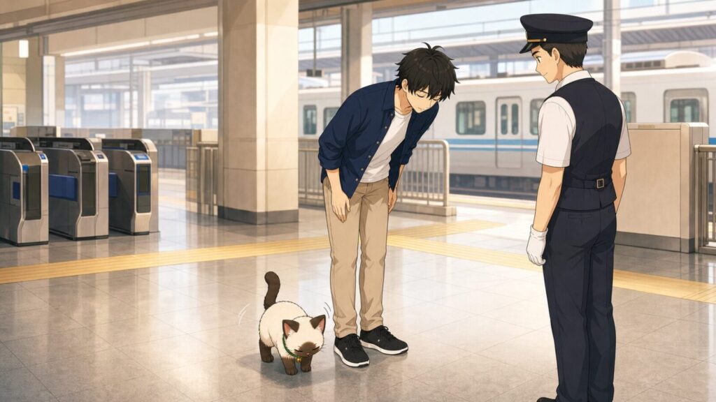KENTAR และ Plakai โค้งขอโทษเจ้าหน้าที่ในสถานีรถไฟญี่ปุ่น