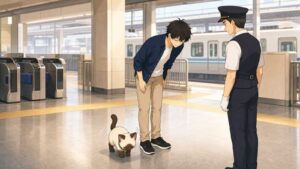 KENTAR และ Plakai โค้งขอโทษเจ้าหน้าที่ในสถานีรถไฟญี่ปุ่น