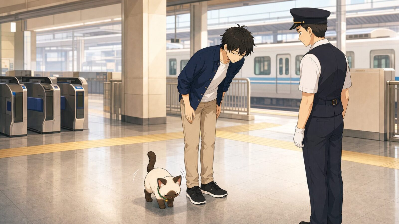 KENTAR และ Plakai โค้งขอโทษเจ้าหน้าที่ในสถานีรถไฟญี่ปุ่น
