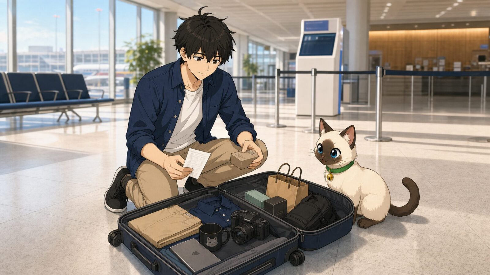 Kentar ตรวจสินค้าและใบเสร็จก่อนโหลดกระเป๋าที่สนามบินญี่ปุ่น โดยมี ปลาไข่ นั่งอยู่ข้างกระเป๋า