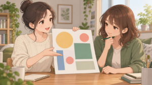 เพื่อนคนหนึ่งถือโปสเตอร์ให้อีกคนช่วยตรวจดู