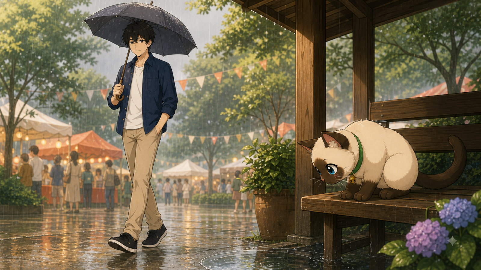 KENTAR เดินร่วมงานกลางฝน ขณะ Plakai มองแอ่งน้ำจากม้านั่งที่มีหลังคา