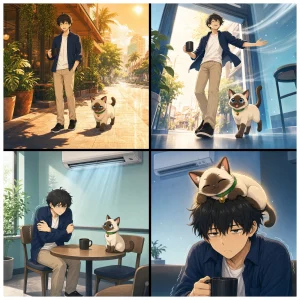 การ์ตูนสี่ช่อง Kentar และ ปลาไข่ เดินจากอากาศร้อนในกรุงเทพฯ เข้าคาเฟ่แอร์เย็น ก่อนปลาไข่ขึ้นไปนอนบนหัว Kentar เพื่อให้ความอบอุ่น
