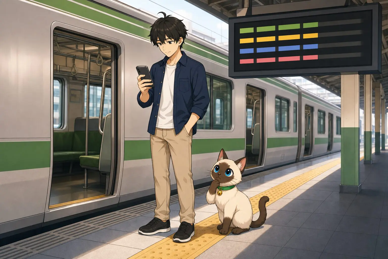 เคนตาร์ตรวจเส้นทางบนโทรศัพท์ก่อนขึ้นรถไฟญี่ปุ่น ขณะที่ปลาไก่มองรถไฟ