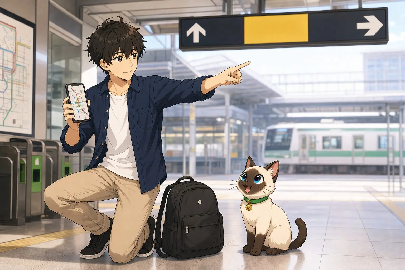 เคนตาร์และปลาไก่ดูเส้นทางและหาทางไปชานชาลารถไฟญี่ปุ่น