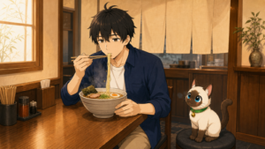 KENTARが日本のラーメン店で麺をすすり、Plakaiが隣で見守る